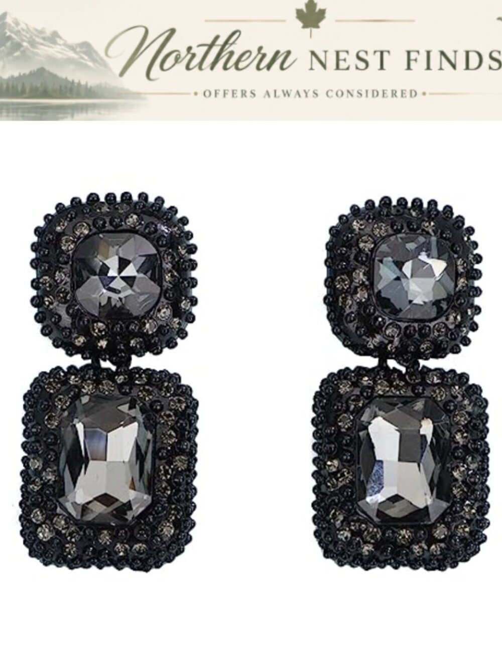 Vintage Black Rhinestone Statement Earrings Crystal Rectangle Drop Dangle